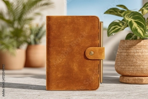 Obraz Captivating brown leather journal rests on textured table under natural light surrounded by lush plants creating an inspiring workspace for creative thoughts and reflections