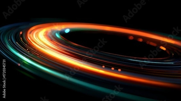 Fototapeta Colorful, glowing circle with a black background. The circle is surrounded by a series of bright, colorful lines