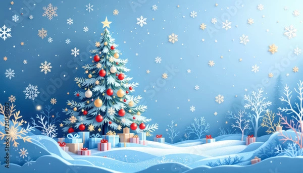 Fototapeta Winter Christmas and New year composition in paper cut style