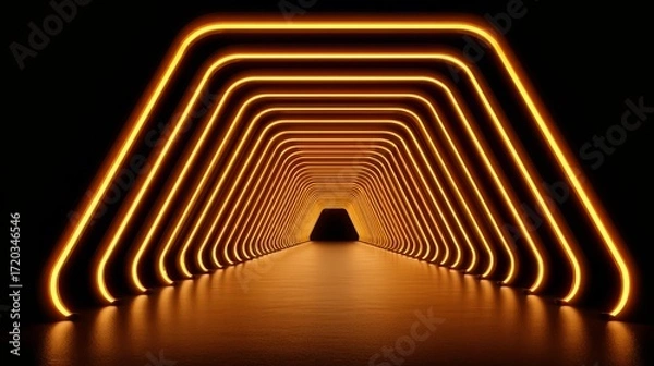 Fototapeta Long tunnel with orange lights. The lights are on in a row and they are orange