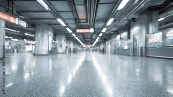 Fototapeta Interior view of an abstract subway station with a blurred background, suitable for use in urban design projects, transport infrastructure visuals, architectural renderings, and modern transit