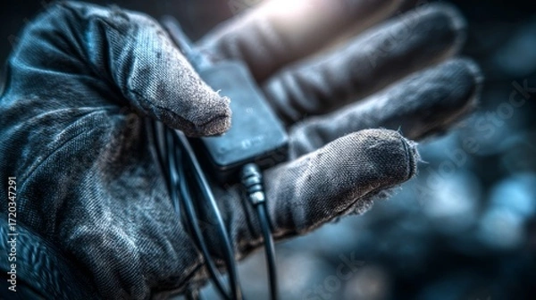 Fototapeta A person wearing a glove firmly holding an audio recorder, suitable for recording or transcription work, highlighting durability, reliability, and ease of operation in diverse environments or