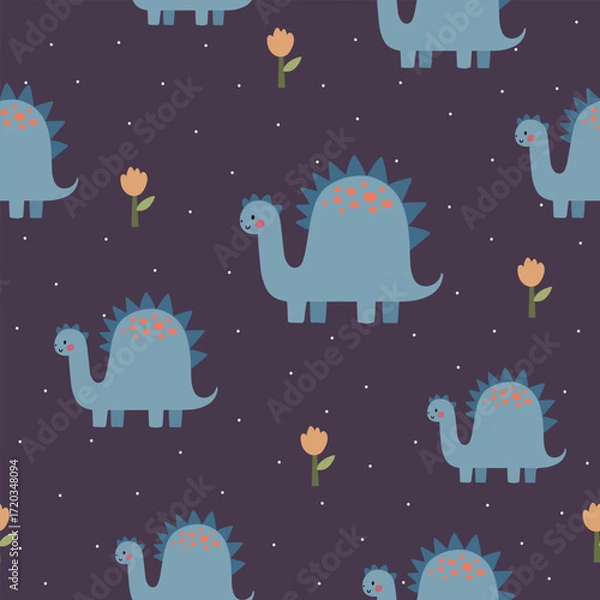 Obraz Seamless vector pattern with blue funny dinosaurs, cute kids background