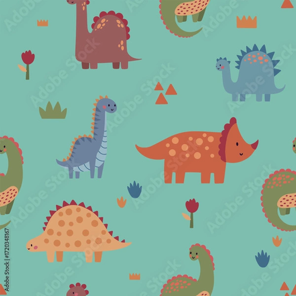Obraz Seamless vector pattern with different types of funny dinosaurs, cute kids background