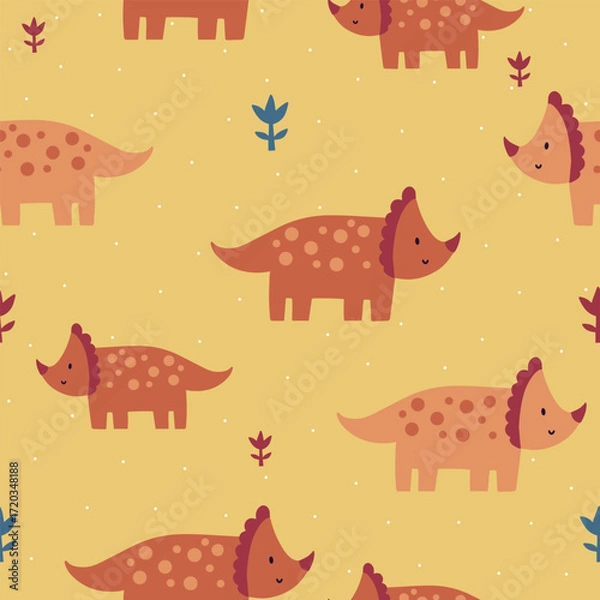 Obraz Seamless vector pattern with orange dinosaurs, cute kids yellow background