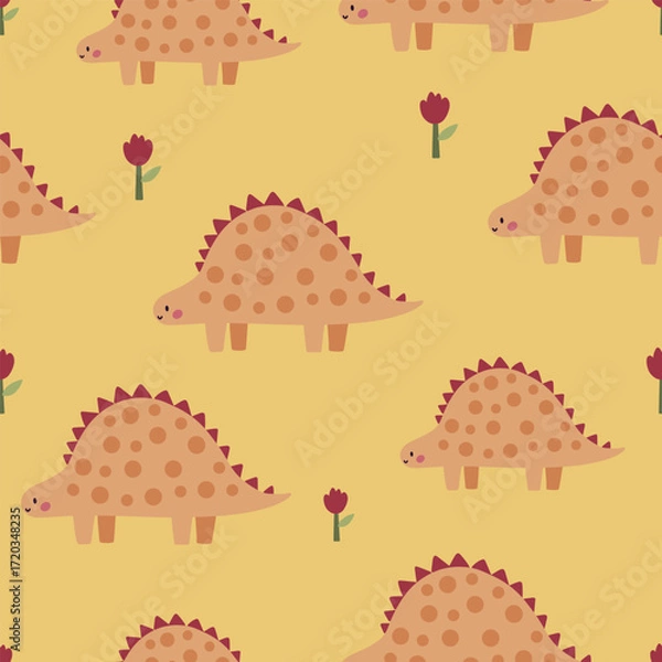 Obraz Seamless vector pattern with orange dinosaurs, cute kids yellow background