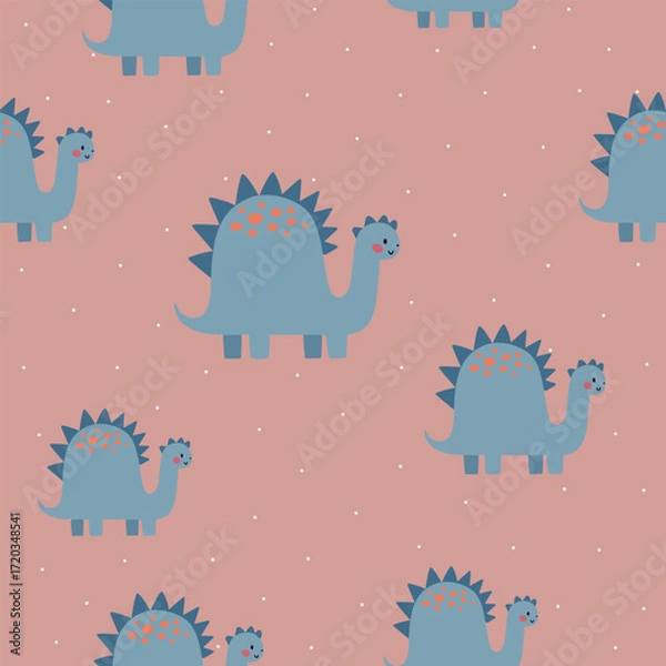 Obraz Seamless vector pattern with blue funny dinosaurs, cute kids background