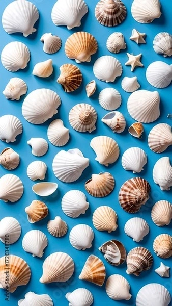 Obraz Seashells arranged on a blue background
