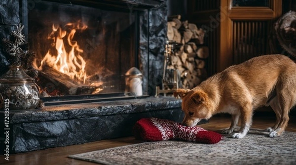 Fototapeta A curious dog explores a Christmas stocking hanging by the cozy fireplace in a rustic home during winter holidays, capturing the warm, festive scene of a joyful holiday season filled with wonder and
