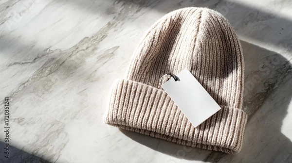 Fototapeta Explore our stylish beige knit beanie hat with a blank tag on marble, designed as a winter accessory. Stay warm and fashionable with this cozy hat, perfect for gifting or showcasing in product shots