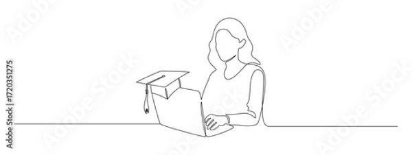 Fototapeta Woman with laptop computer and student cup in one continuous line drawing. Searching job for young graduate in simple linear style. Education concept in Editable stroke. Outline vector illustration