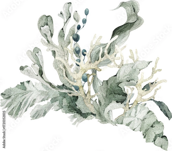 Fototapeta Watercolor frame, wreath with starfish, shells, coral, and seaweed. Ideal for wedding stationery, greeting cards, invitations, posters, nautical party design, and coastal decoration