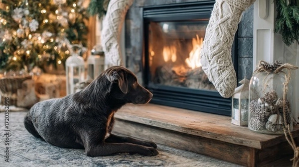 Fototapeta On Christmas Eve, a content dog relaxes near a crackling fireplace, adorned with holiday ornaments and lights, embodying the cozy spirit of the season as it patiently waits for Santa's arrival