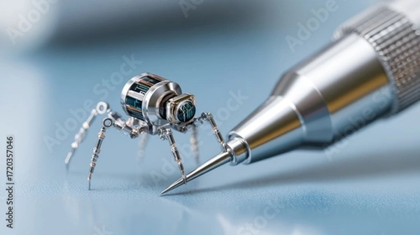 Fototapeta microscopic robot standing on the tip of a metallic needle, high precision nanotechnology, shallow focus