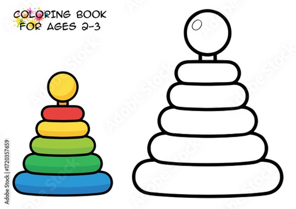 Obraz Stacking rings toy for kids in colorful and black outlines  