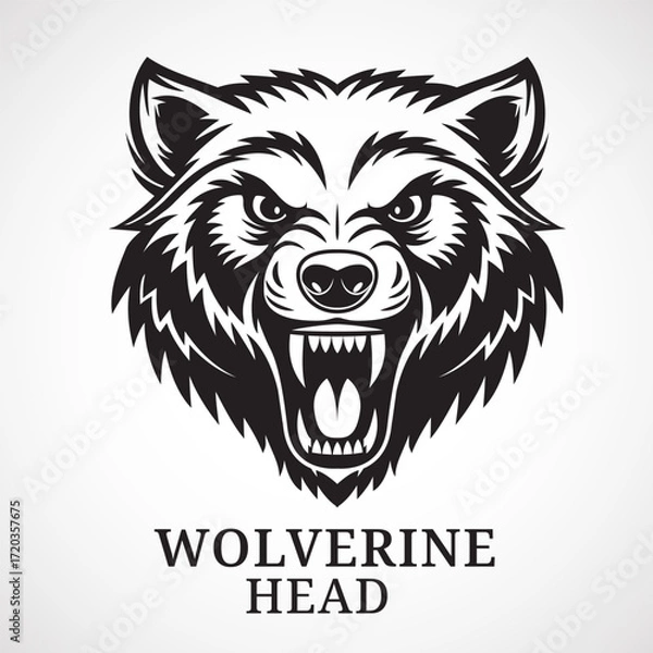 Fototapeta Wolverine. Bold aggressive black-and-white vector illustration of a wolverine's head, perfect for branding, mascots, or apparel design. Ideal for sports teams, outdoor games, or wildlife projects.