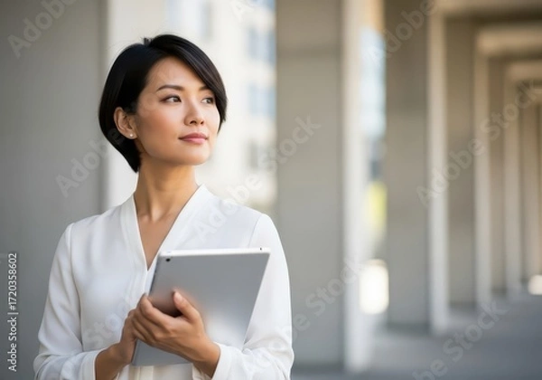 Fototapeta A confident asian businesswoman holding a tablet computer while looking thoughtfully into the distance outside a modern building