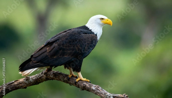 Fototapeta a bald eagle (haliaeetus leucocephalus) with a white head and a yellow beak sits on a branch