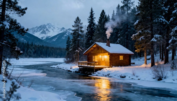 Fototapeta a cozy wooden cabin in a snowy forest next to a frozen lake with mountains in the background