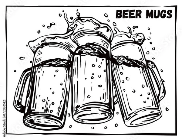Fototapeta Vector image of three mugs of beer. Drinks with a lot of foam.