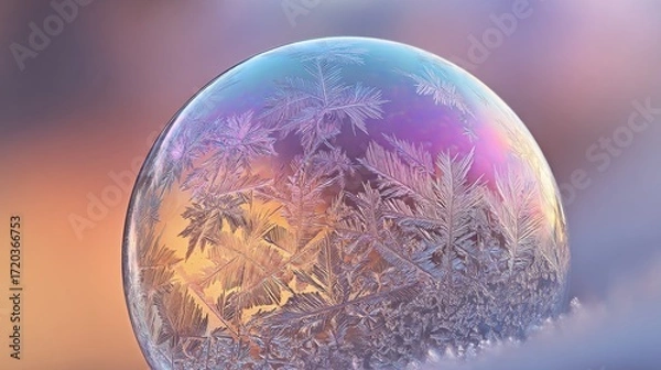 Fototapeta Frozen Sphere: A Close-Up Study of Ice Crystals in Soft Hues, Highlighting the Complex Geometries and Structures through Macro Photography, Capturing Nature’s Delicate and Ephemeral Frozen