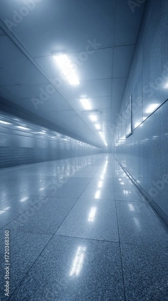 Fototapeta A modern corridor with an abstract design, featuring reflections of colorful lights on the floor, forming a futuristic and evocative setting that combines innovative architecture and a sense of