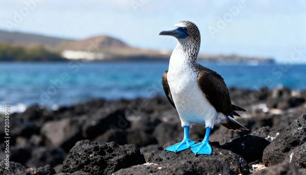 Fototapeta a blue-footed booby (sula nebouxii) stands on a rock on the coast with the ocean in the background