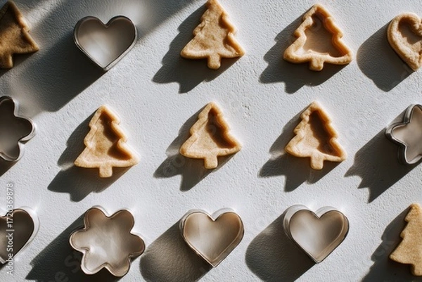 Fototapeta Vibrant and festive cookie dough shapes bathed in natural light, perfect for holiday baking projects. Celebrate the season with these charming cookies that evoke warmth, creativity, and the joy of