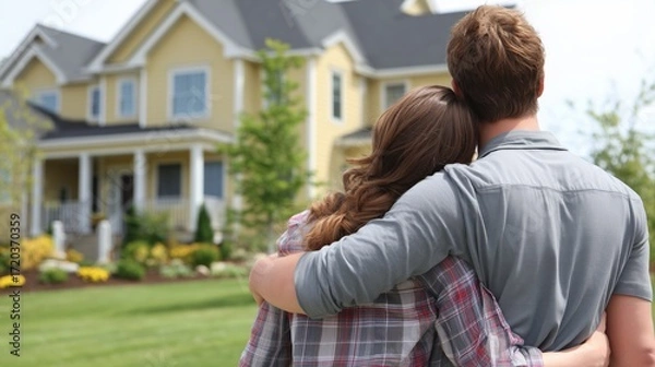 Fototapeta Couple embracing while looking at their new home