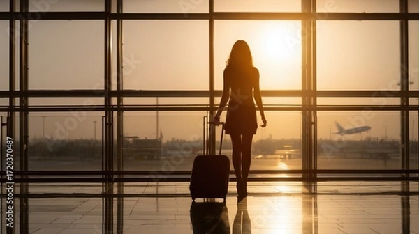 Fototapeta Silhouette of a woman with a suitcase waiting at the airport terminal at sunset