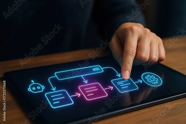 Fototapeta Innovative workflow automation process office setting digital interface technology environment close-up view conceptual visualization for enhanced productivity
