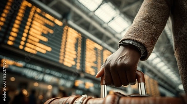 Fototapeta Close-up of a traveler’s hand gripping a suitcase handle at an airport, with a bright flight information display in the background