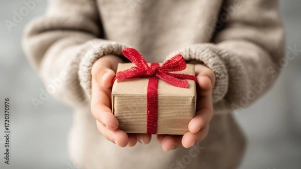Fototapeta Child's hands presenting a small gift box wrapped in brown paper with a red ribbon