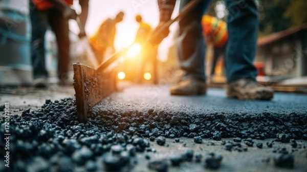 Fototapeta Construction workers laying asphalt on a road at sunset, capturing the process of road building with a focus on workers' legs and machinery