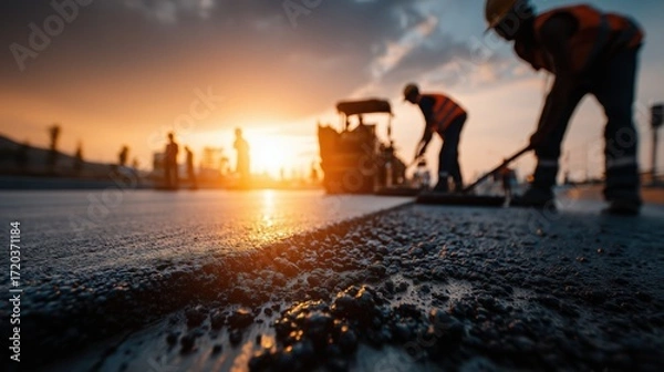 Fototapeta Construction workers laying asphalt on a road during sunset, capturing the process of road construction with silhouettes of workers and machinery against a vibrant sky