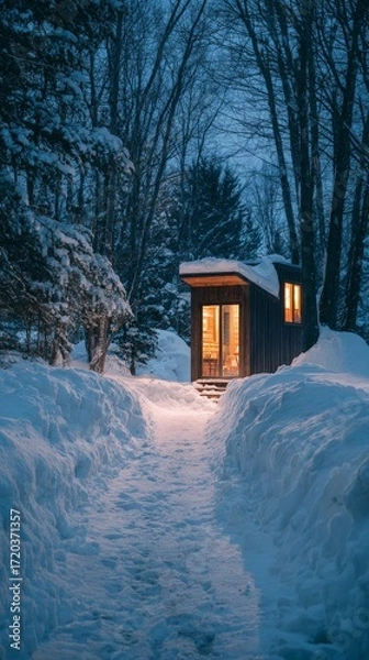 Fototapeta Experience a cozy cabin retreat nestled in a winter wonderland, with a snow-covered path guiding you to a warm, illuminated cabin surrounded by a serene forest. Perfect for a peaceful, snowy escape.