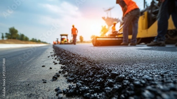 Fototapeta Construction workers paving a road during sunset, with machinery and fresh asphalt, highlighting infrastructure development and teamwork in outdoor environment