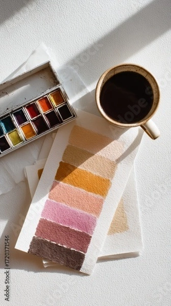 Fototapeta Bright and airy art studio featuring a watercolor palette, assorted swatches, and a fresh cup of coffee, all bathed in natural sunlight, providing a perfect environment for creatives to paint,