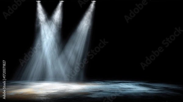 Fototapeta Three bright spotlights shining down on an empty stage