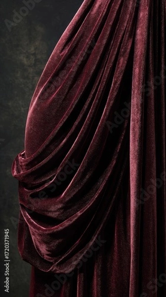 Fototapeta A stunning burgundy velvet drape with graceful folds and rich texture, perfect for backgrounds or design accents. Its dramatic lighting and shadow effects enhance the luxurious feel, creating a