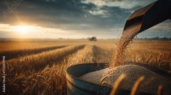 Fototapeta Large container pouring harvested grain into a bucket on a golden wheat field during sunset