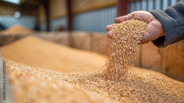 Fototapeta Hand releasing grains into a large container, highlighting harvest, storage, farming, and agriculture processes in a rural setting