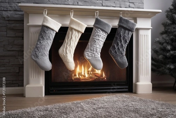 Fototapeta Transform your living space with a cozy fireplace adorned with holiday stockings, twinkling fairy lights, and warm accents that bring a delightful, festive atmosphere to your Christmas celebrations.