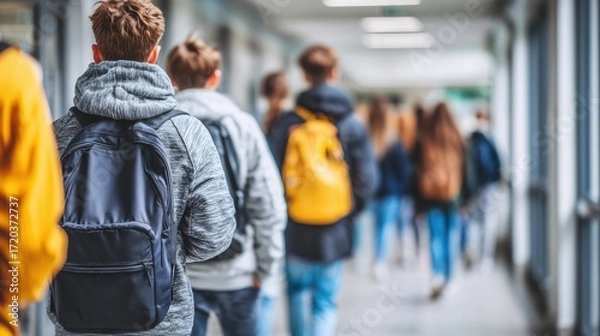 Fototapeta High school students walking and talking from behind