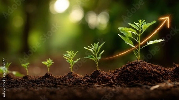 Fototapeta small plant growing with an glowing arrow pointing upward, symbolizing growth, success, and development in business or personal progress