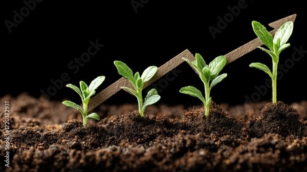 Fototapeta Small green plants growing in soil with a stick supporting the growth process