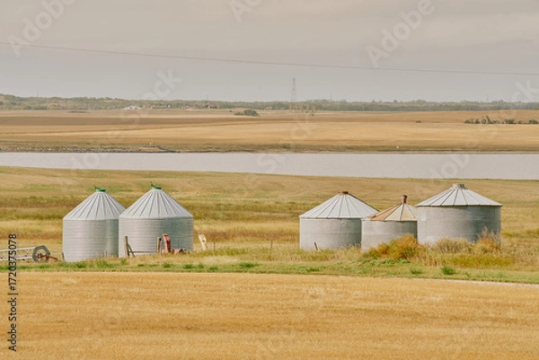 Fototapeta A white farm warehouse and silver grain bins stand beside harvested fields and a water body under cloudy skies in Saskatchewan, Canada.