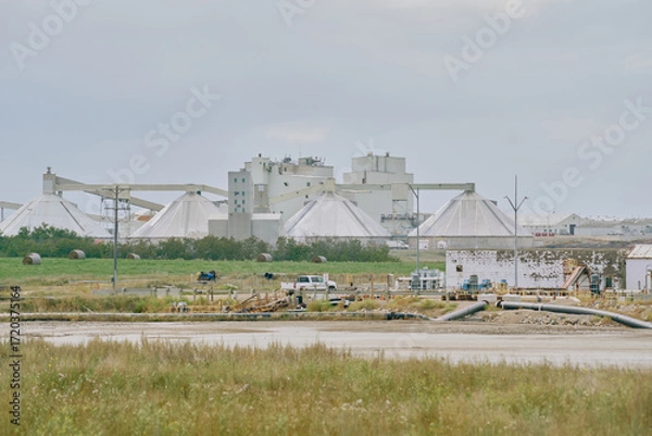 Fototapeta A potash plant with dome storage buildings, conveyor systems, and a red crane beside a wetland and tailings pile under cloudy skies in Saskatchewan, Canada.