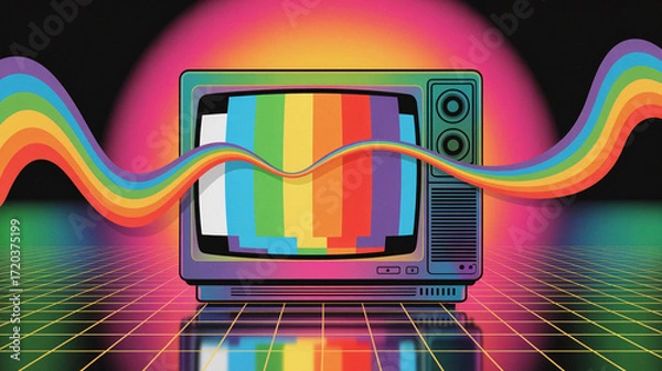 Fototapeta Colorful retro rainbow glitch waves flowing seamlessly across glowing neon television screen with vibrant digital distortion aesthetics, ideal for abstract nostalgic design backdrops