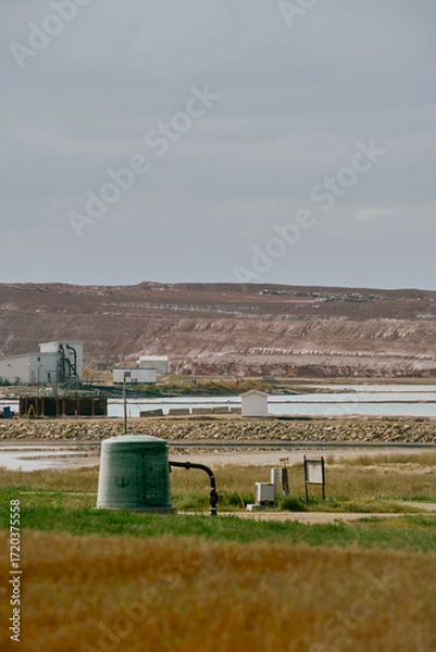 Fototapeta A red crane operates at an industrial facility near a potash mine in Saskatchewan, Canada, with pipelines, storage buildings, tailings pile, and a rocky embankment by the water.